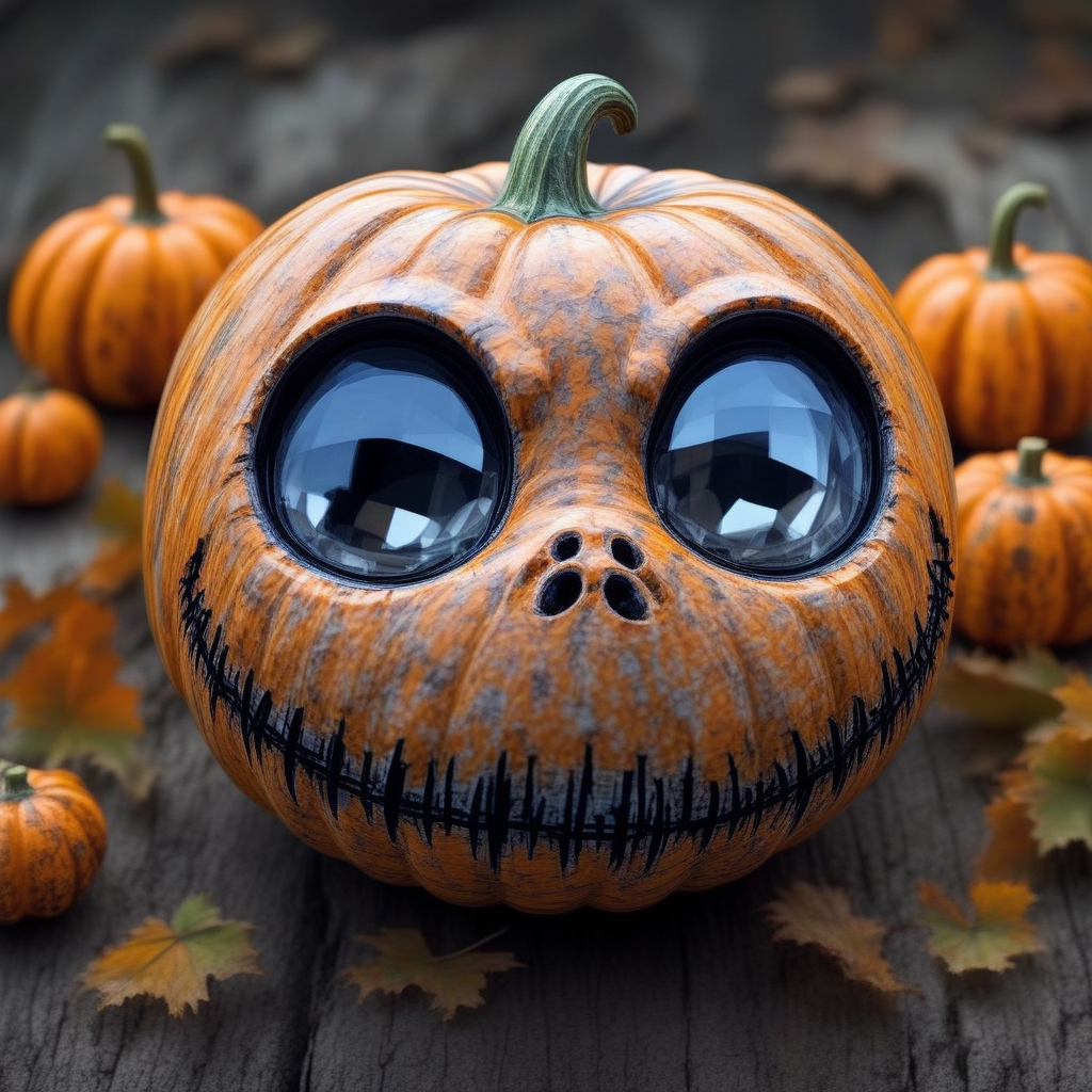 vibrant contrast between the (halloween Pumpkin) and the (faded, (sharpen filter) applied to the Diabolo, (noise reduction) for a smooth, (sharpen filter) applied to the Jack Skellington, emphasizing the intricate patterns in both the bunch of grapes and wood grain, (sharpen filter) applied to the 4 leaf clover, emphasizing the intricate patterns in both the Diabolo and wood grain, peeling wood), highly detailed crystal Jack Skellington (with fine textures) on a weathered, vibrant contrast between the (Jack Skellington) and the (faded