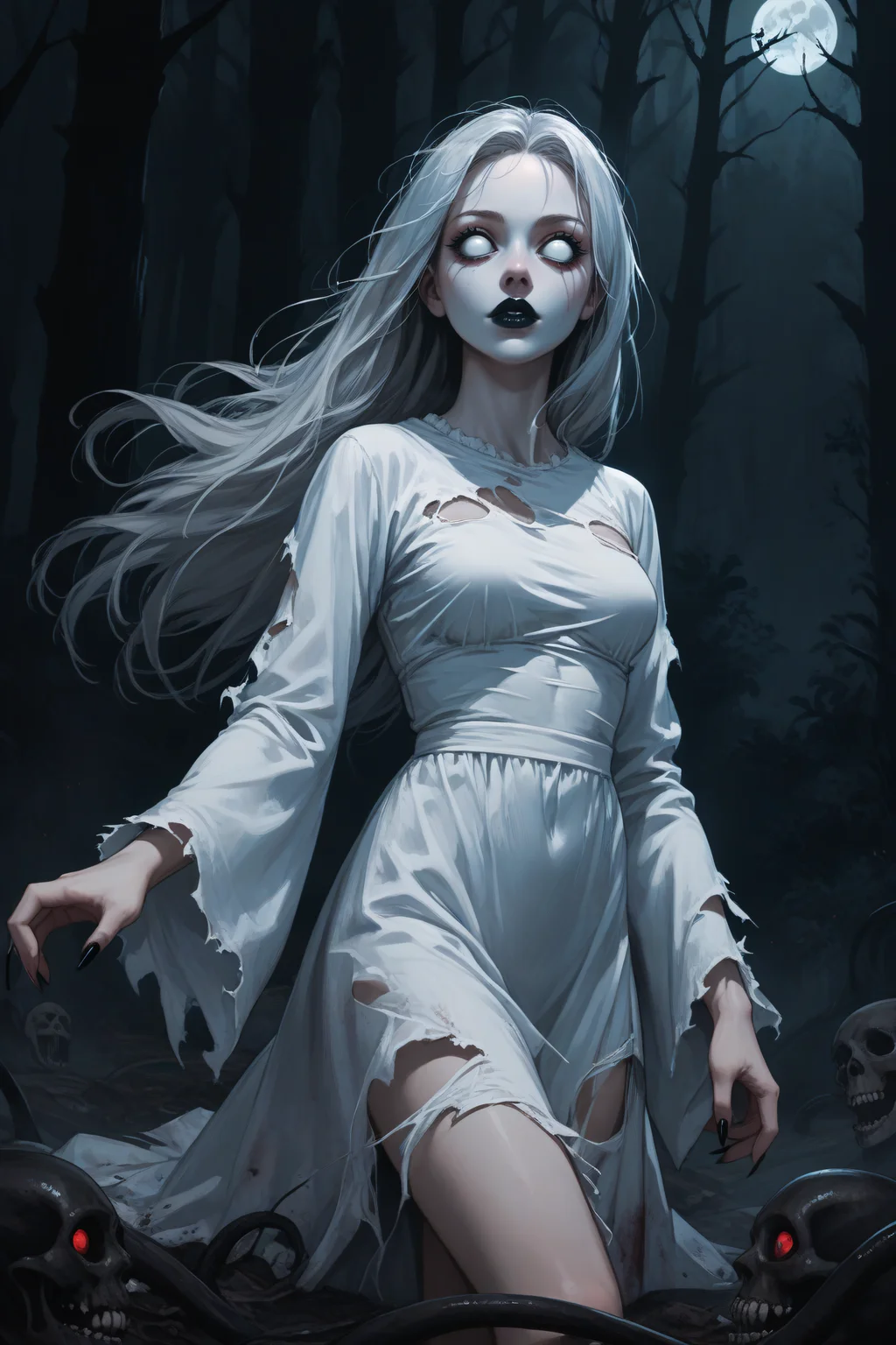 score_9, score_8_up, score_7_up, BREAK source_anime, <lora:Banshee-PonyXL-lora-Faxtron:1> banshee, 1girl, blank eyes, long hair, medium breasts, pale skin, black lips, long fingernails, black fingernails, white dress, long sleeves, wide sleeves, torn clothes, horror \(theme\),