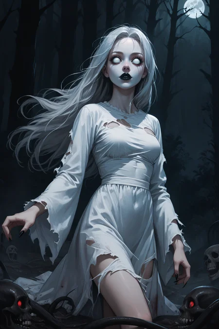 score_9, score_8_up, score_7_up, BREAK source_anime, <lora:Banshee-PonyXL-lora-Faxtron:1> banshee, 1girl, blank eyes, long hair, medium breasts, pale skin, black lips, long fingernails, black fingernails, white dress, long sleeves, wide sleeves, torn clothes, horror \(theme\),