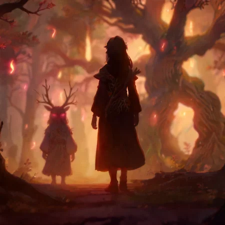 Black, Ultra High Definition, studio ghibli, 80s anime aesthetic, fey-pact warlock talking to the tree spirits, dryad emerging from the wood, wide angle candid shot, (chromatic aberration) (faded colors) outlines, anime bloom effect, soft lighting, CG particles effect, 4K resolution, detailed pupils,<lora:neg4all_bdsqlsz_xl_V9:0.7> <lora:add-detail-xl:0.7> <lora:MagicAI:0.7>FairyTaleAI