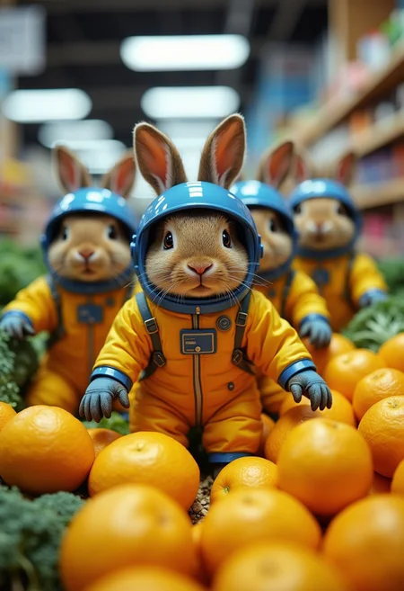 many tiny space bunnies wearing yellow and blue space suit, with a round helmet with metalic rabbit ears, making a mess in a supermarket vegetable section, funny, playful, high-speed action shots. intense cinematic , raw, analog blankmj l10nhe43t