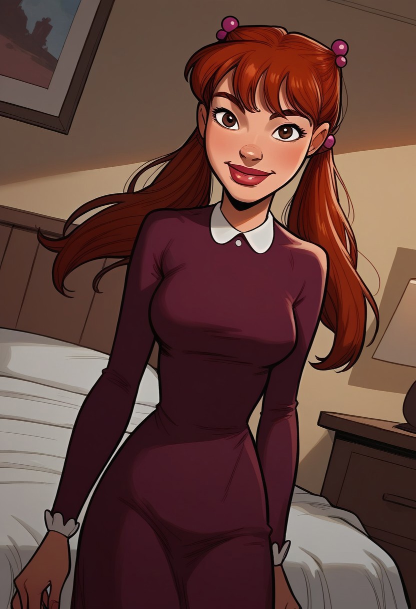 masterpiece,best quality, highly detailed, score_9, score_8_up, score_7_up, score_6_up,source_cartoon, , red hair, thick lips, 1girl, long hair, hair bobbles, twintails, brown eyes, 20yo, 1girl  
juliah, red hair, thick lips, 1girl, long hair, dress, hair bobbles, twintails, brown eyes
1girl, standing, in bedroom, cowboy shot, looking at viewer, smiling
dutch angle