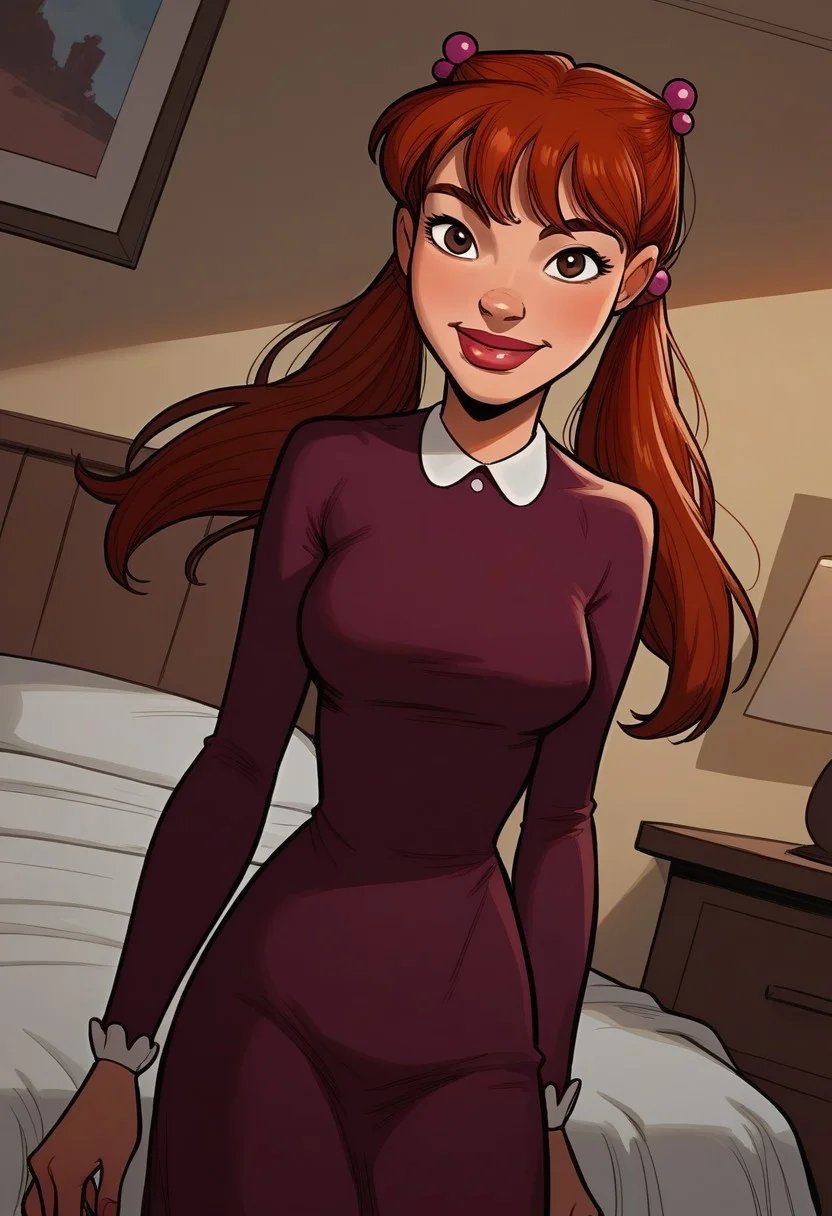 masterpiece,best quality, highly detailed, score_9, score_8_up, score_7_up, score_6_up,source_cartoon, , red hair, thick lips, 1girl, long hair, hair bobbles, twintails, brown eyes, 20yo, 1girl
juliah, red hair, thick lips, 1girl, long hair, dress, hair bobbles, twintails, brown eyes
1girl, standing, in bedroom, cowboy shot, looking at viewer, smiling
dutch angle