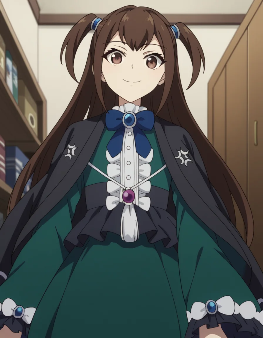 score_9, score_8_up, score_7_up, source_anime, <lora:kizuna-kazayama-s2-ponyxl-lora-nochekaiser:1>, kizuna kazayama, long hair, brown hair, brown eyes, two side up,, long sleeves, dress, bow, frills, wide sleeves, bowtie, cape, blue bow, brooch, green dress, black cape,, closet, clothes, shelves, hangers, storage, smile, from below, looking at viewer, solo,, dutch angle, cowboy shot