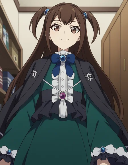 score_9, score_8_up, score_7_up, source_anime, <lora:kizuna-kazayama-s2-ponyxl-lora-nochekaiser:1>, kizuna kazayama, long hair, brown hair, brown eyes, two side up,, long sleeves, dress, bow, frills, wide sleeves, bowtie, cape, blue bow, brooch, green dress, black cape,, closet, clothes, shelves, hangers, storage, smile, from below, looking at viewer, solo,, dutch angle, cowboy shot
