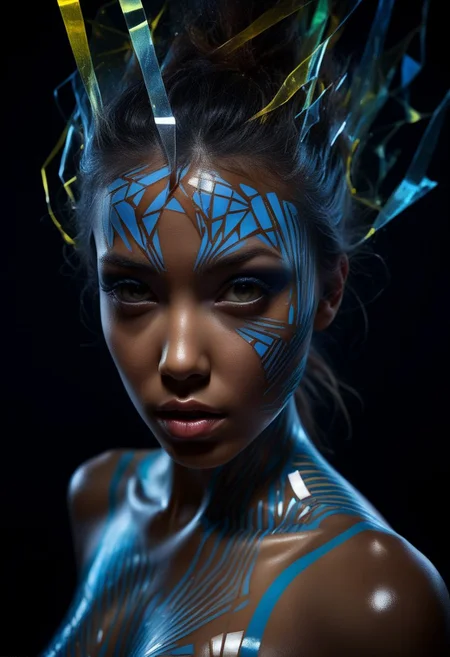 mysterious face, an exotic girl in tape clothing, fading backlit background, alluring goddess, blacktapeprojekt, by Minjae Lee, Carne Griffiths, Emily Kell, Steve McCurry, Geoffroy Thoorens, Aaron Horkey, Jordan Grimmer, Greg Rutkowski, amazing depth, double exposure, surreal, geometric patterns, intricately detailed, bokeh, perfect balanced, deep fine borders, artistic photorealism , smooth, great masterwork by Suiras <lora:add-detail-xl:2> <lora:Double_Exposure:0.5>