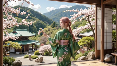 a beautiful 20-year-old young woman with long pink hair wearing a green kimono with cherry blossom patterns,standing on a traditional Japanese tatami veranda,holding a sprig of cherry blossoms,soft morning sunlight,sakura trees blooming around her,distant snow-capped mountains,vivid style,ultra-detailed,cinematic lighting,realistic photo.,<lora:yuukananri-base-02-flux:0.8>,yuukananri,she has a slender physique and a petite build,<lora:aidmaMJ6.1v0.4:0.5>,aidmaMJ6.1,