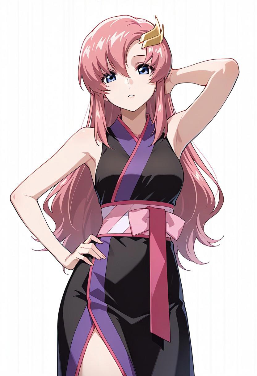 masterpiece, best quality, 1girl, cute, Lacus Clyne, wearing kimono, bare shoulders, bare arms, white background, empty void, (cowboy shot: 1.5), looking at view, one hand on hip, one hand behind head,