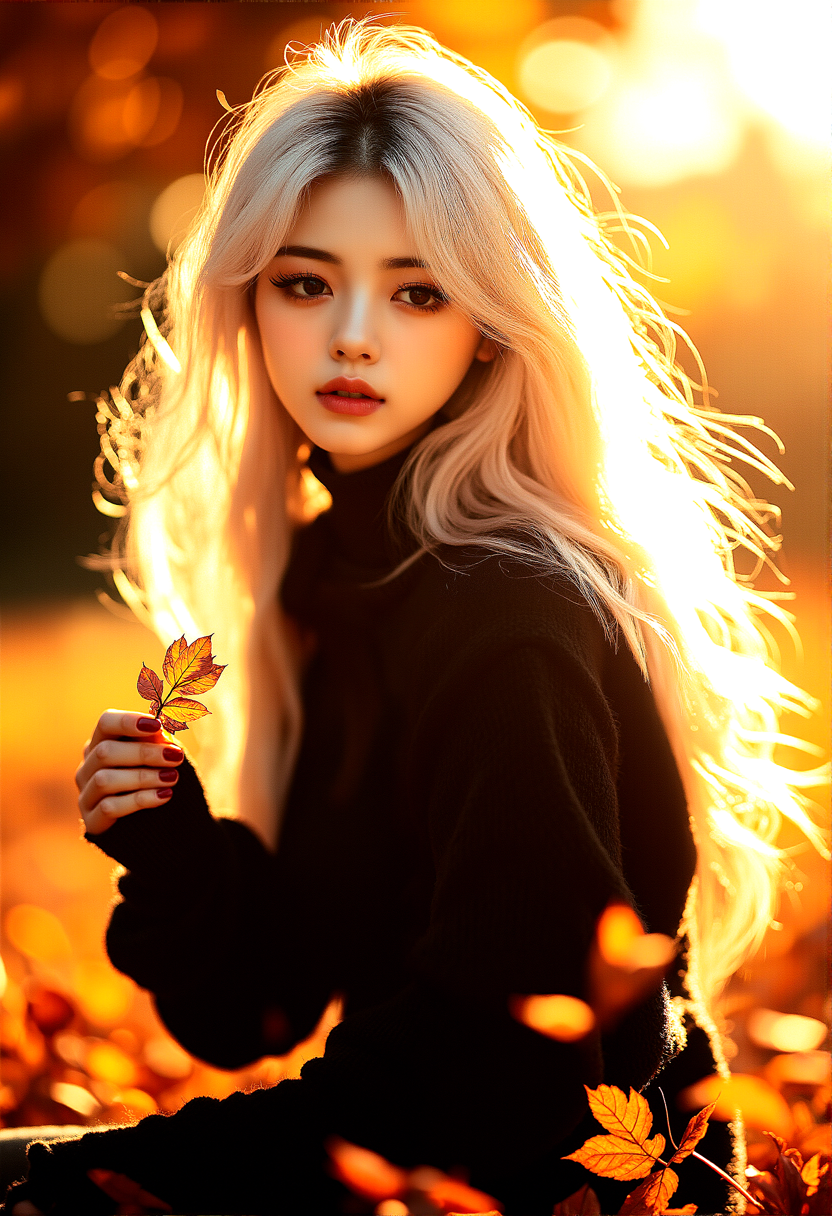photorealistic, A woman in her 20s, platinum blonde hair, long eyelashes, thick eyelashes, makeup, glamourous, interesting black eyeliner, autumn attire, park scene, golden hour, serene expression, detailed facial features, warm smile, cozy clothing, autumn leaves, setting sun, warm, golden lighting, intricate fabric details, gentle breeze, peaceful atmosphere, ultra-high resolution, natural skin tone, light makeup, autumn hues, wide shot, medium shot, close-up, low-angle shot, high-angle shot, side profile, standing pose, walking through park, hair flowing in breeze, blurred autumn background, hyper-detailed environment, warm glow, tranquil park scene, falling leaves, balanced composition, dynamic stance, fluid motion, emotional connection, serene mood, background focus

The woman is crouched down, close to the ground, gathering a few vibrant autumn leaves in her hand. She’s looking down at the leaves with a curious expression, her hair flowing forward as she leans in closer, creating an intimate and serene moment.

cinematic lighting, extremely intricate detail character, accurate depiction of character, correct body anatomy,correct hands and fingers, extremely intricate skin and facial texture detail, intricate black bodysuit design,lifelike potrayal, extrememly realistic lighting, extreme dynamic pose 

 













