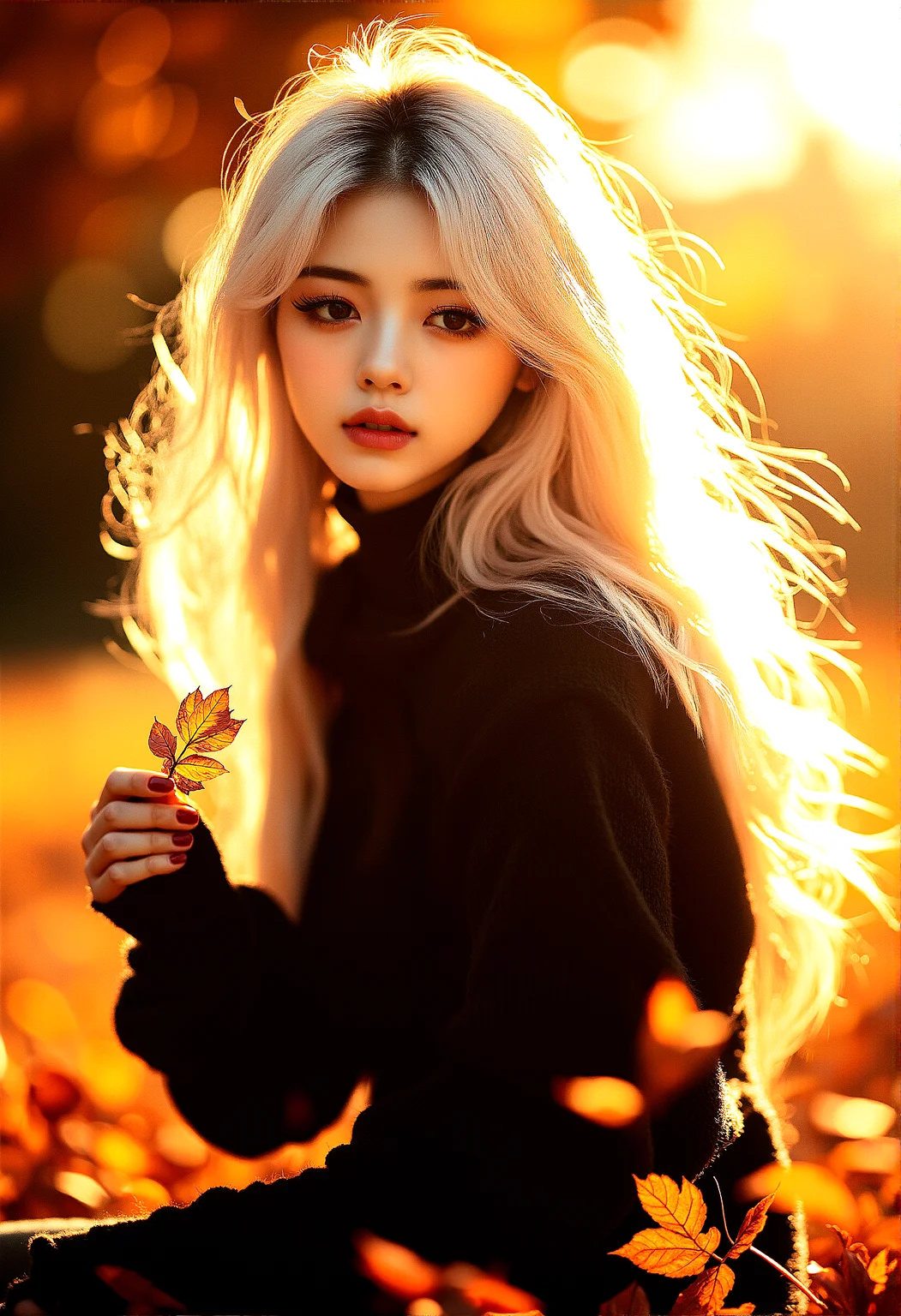 photorealistic, A woman in her 20s, platinum blonde hair, long eyelashes, thick eyelashes, makeup, glamourous, interesting black eyeliner, autumn attire, park scene, golden hour, serene expression, detailed facial features, warm smile, cozy clothing, autumn leaves, setting sun, warm, golden lighting, intricate fabric details, gentle breeze, peaceful atmosphere, ultra-high resolution, natural skin tone, light makeup, autumn hues, wide shot, medium shot, close-up, low-angle shot, high-angle shot, side profile, standing pose, walking through park, hair flowing in breeze, blurred autumn background, hyper-detailed environment, warm glow, tranquil park scene, falling leaves, balanced composition, dynamic stance, fluid motion, emotional connection, serene mood, background focus
The woman is crouched down, close to the ground, gathering a few vibrant autumn leaves in her hand. She’s looking down at the leaves with a curious expression, her hair flowing forward as she leans in closer, creating an intimate and serene moment.
cinematic lighting, extremely intricate detail character, accurate depiction of character, correct body anatomy,correct hands and fingers, extremely intricate skin and facial texture detail, intricate black bodysuit design,lifelike potrayal, extrememly realistic lighting, extreme dynamic pose