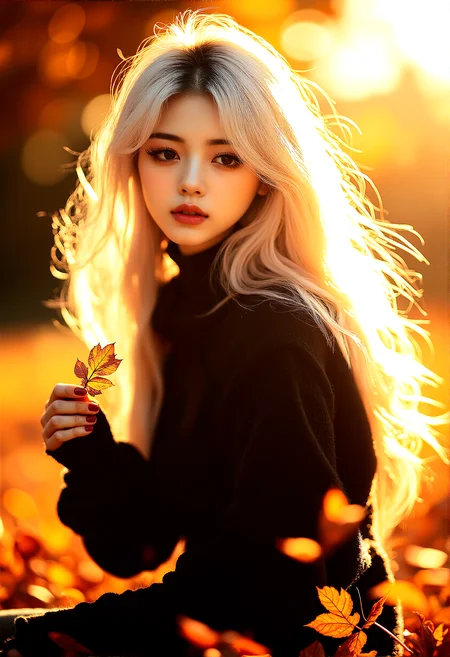 photorealistic, A woman in her 20s, platinum blonde hair, long eyelashes, thick eyelashes, makeup, glamourous, interesting black eyeliner, autumn attire, park scene, golden hour, serene expression, detailed facial features, warm smile, cozy clothing, autumn leaves, setting sun, warm, golden lighting, intricate fabric details, gentle breeze, peaceful atmosphere, ultra-high resolution, natural skin tone, light makeup, autumn hues, wide shot, medium shot, close-up, low-angle shot, high-angle shot, side profile, standing pose, walking through park, hair flowing in breeze, blurred autumn background, hyper-detailed environment, warm glow, tranquil park scene, falling leaves, balanced composition, dynamic stance, fluid motion, emotional connection, serene mood, background focus
The woman is crouched down, close to the ground, gathering a few vibrant autumn leaves in her hand. She’s looking down at the leaves with a curious expression, her hair flowing forward as she leans in closer, creating an intimate and serene moment.
cinematic lighting, extremely intricate detail character, accurate depiction of character, correct body anatomy,correct hands and fingers, extremely intricate skin and facial texture detail, intricate black bodysuit design,lifelike potrayal, extrememly realistic lighting, extreme dynamic pose