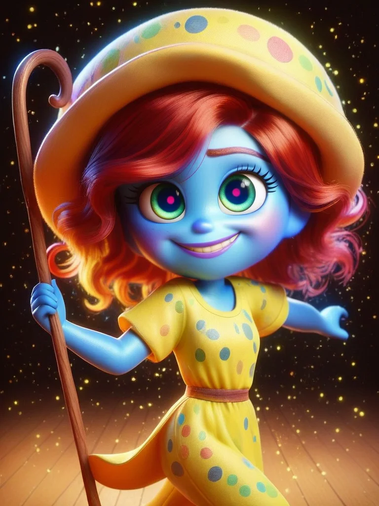 score_9, score_8_up, score_7_up, score_6_up, 1girl, colored skin, blue skin, blue eyes, wavy hair, yellow hair, cute girl, musical note, tunic, magical staff, red hair, big hat, epic pose, light smile, bright pupils, particles around, splash art, pants, looking at viewer, cowboy shot, dynamic pose, smile, cute, wide shot, solo, dutch angle, detailed background,
cartoon, <lora:InsideOutCH_Style:1> InsideOutXLP, chibi,