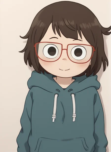 score_7_up, <lora:chloe:1> 1 girl toon \(style\), Chloe ,Bob Cut , Red Glasses , blush, looking at viewer, smiloe ,hoodie, ,light smile, <lora:Yagi_the_Goat_Style:1>by s1120411