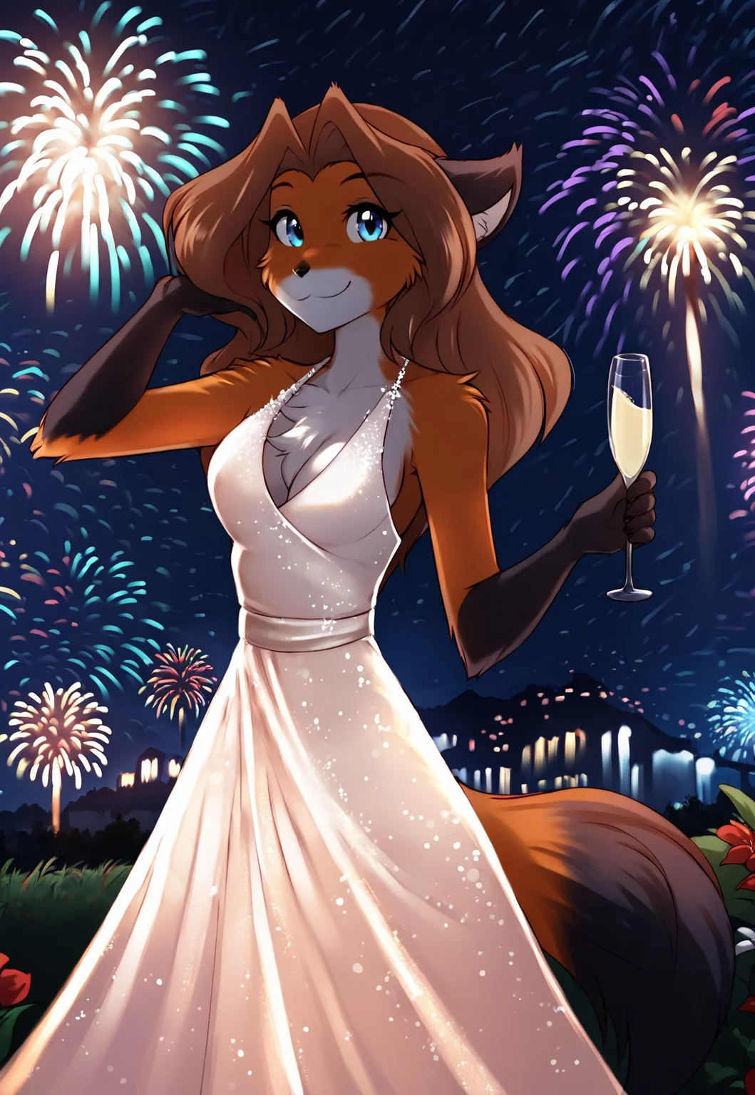 safe_pos, score_9, score_8_up, score_7_up, masterpiece, best quality, good quality, highly detailed, absurdres, intricate details, detailed background, night time, night sky, fireworks, 1 girl, solo, laura-twokinds, anthro, fox tail, fur, detailed fur, body fur, fluffy, elegant dress, cleavage cut, holding champagne glass, bubbly liquid, looking at viewer, warm smile,