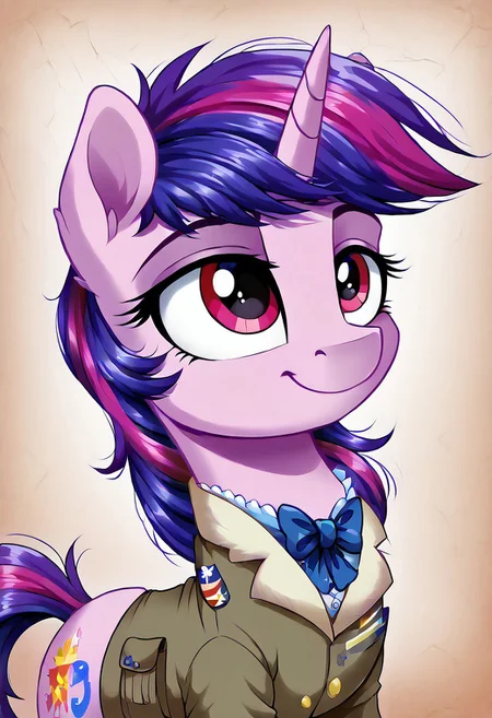 masterpiece, score_9_up, score_8_up, score_7_up, score_6_up, (best quality:1.1), ultra-detailed, high resolution, 1character, Pony, pony Equestria, unicorn, mlp, woman, feral, pink skin, one red love heart of the cutie mark, full purple tail, full purple mane, long eyelashes, single horn, ears, closed mouth, detailed facial features, expressiveh, Equestria background, highly visible, sharp focus, anatomically correct, Equestria at War, Portrait of the leader, looking at the camera, smile, She's looking at the other side