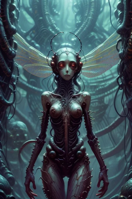 masterpiece,best quality,absurdres,high details,8K,photorealistic,amazing body,at distance,cowboy shot,thigh gap,1girl,necromancer,<lora:detail_slider_v4:3>,<lora:FACE_-_Black_Sclera_v1:0.7>,<lora:Concept_-_Hella-sthetic_v2:0.7>,<lora:scorn_style_v01:0.7>,scornstyle,tentacles,surreal,bones,skull,<lora:Biopunk:0.7>,biopunk,mantis girl,(biological skin,antennae,dragonfly's wings:1.3),, intricate, elegant, highly detailed, symmetry, magical atmosphere, sharp focus, majestic, very coherent, radiant, advanced, cinematic, artistic, fine detail, winning, beautiful, stunning, dramatic light, designed, rich deep colors, perfect professional background, ambient, tailored set composition