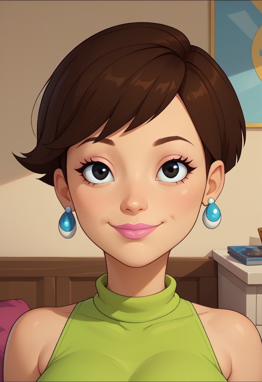 ((bedroom background)),score_9, score_8_up, score_7_up,score_6_up, 
1girl, solo, SheilaW_CC, light skin, dark brown hair, short hair, black eyes, pink lips, small light blue circle earrings, light green sleeveless high-necked blouse, cream pants, light blue flat shoes, big eyes, medium stature, social smile, sexy face, close-up, face photo, perfect eyes, perfect smile, looking at the viewer, big breasts, detailed eyes, perfect eyes