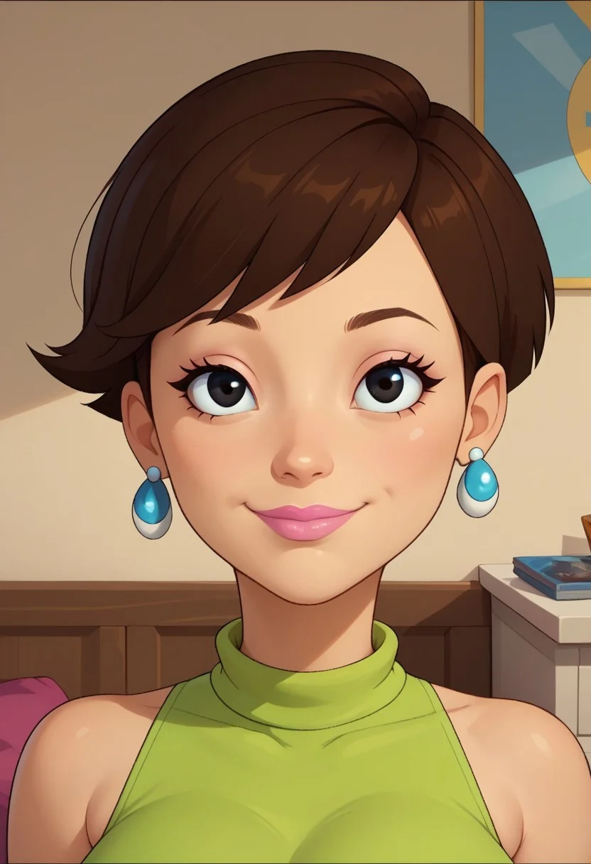 ((bedroom background)),score_9, score_8_up, score_7_up,score_6_up, 
1girl, solo, SheilaW_CC, light skin, dark brown hair, short hair, black eyes, pink lips, small light blue circle earrings, light green sleeveless high-necked blouse, cream pants, light blue flat shoes, big eyes, medium stature, social smile, sexy face, close-up, face photo, perfect eyes, perfect smile, looking at the viewer, big breasts, detailed eyes, perfect eyes