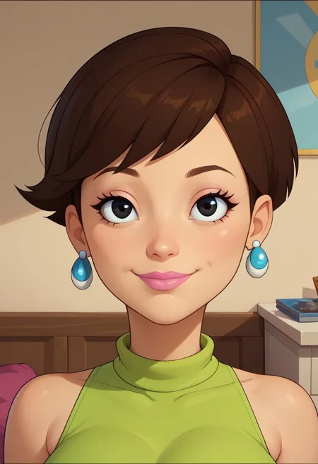 ((bedroom background)),score_9, score_8_up, score_7_up,score_6_up,
1girl, solo, SheilaW_CC, light skin, dark brown hair, short hair, black eyes, pink lips, small light blue circle earrings, light green sleeveless high-necked blouse, cream pants, light blue flat shoes, big eyes, medium stature, social smile, sexy face, close-up, face photo, perfect eyes, perfect smile, looking at the viewer, big breasts, detailed eyes, perfect eyes