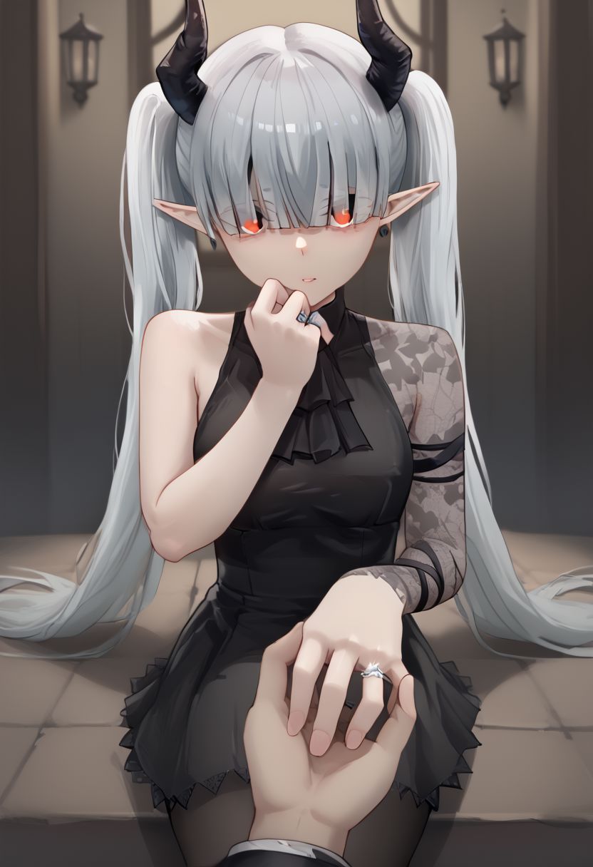 1girl, solo, IncrsProp, wedding ring, pov, chained_sarkaz_girl, black dress, single leg pantyhose, asymmetrical clothes, patterned clothes, single sleeve, black sock, kneehigh, black footwear, high heels, black ascot, hair over eyes, eyes visible through hair, demon horns, blunt bangs, red eyes, pointy ears, pale skin, white hair, grey hair, twintails