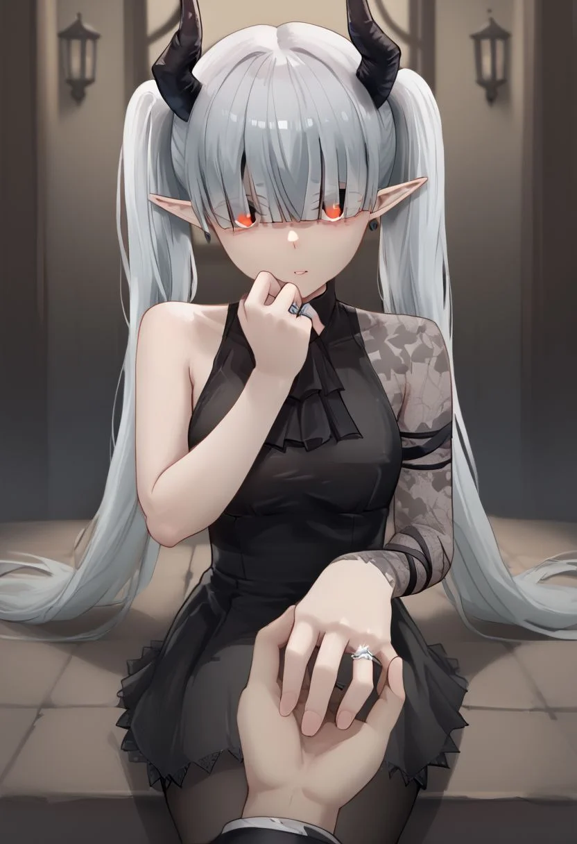 1girl, solo, IncrsProp, wedding ring, pov, chained_sarkaz_girl, black dress, single leg pantyhose, asymmetrical clothes, patterned clothes, single sleeve, black sock, kneehigh, black footwear, high heels, black ascot, hair over eyes, eyes visible through hair, demon horns, blunt bangs, red eyes, pointy ears, pale skin, white hair, grey hair, twintails