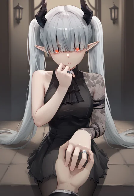 1girl, solo, IncrsProp, wedding ring, pov, chained_sarkaz_girl, black dress, single leg pantyhose, asymmetrical clothes, patterned clothes, single sleeve, black sock, kneehigh, black footwear, high heels, black ascot, hair over eyes, eyes visible through hair, demon horns, blunt bangs, red eyes, pointy ears, pale skin, white hair, grey hair, twintails