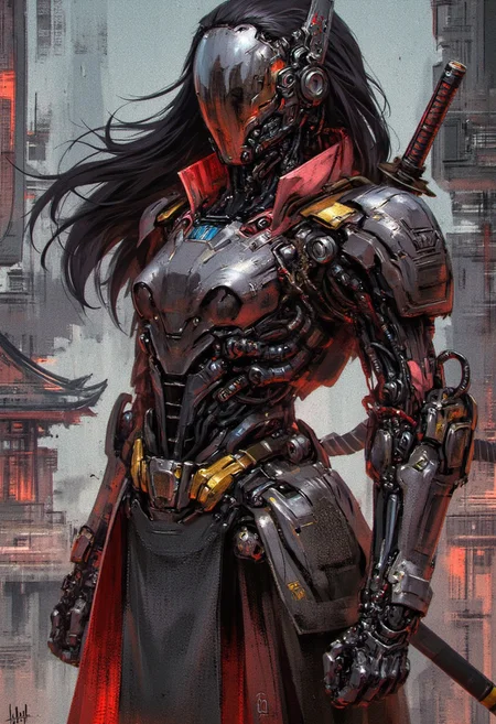 in the style of ck-sfc, female cyberpunk robot samurai, robot face with mirrored face shield, hyperdetailed helmet, flowing black hair, reflective black and neon red armor, robot joints, body made of metals, cables and wires, a katana strapped to her back, abstract background suggesting eastern temple