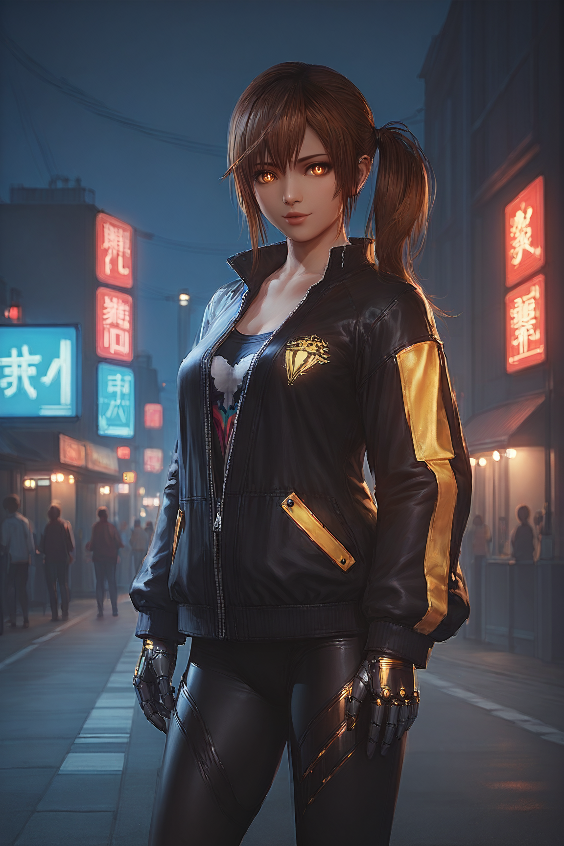 score_9,score_8,score_7_up,realistic,
misaki \(doa\), 1girl, solo,brown_hair, brown_eyes, side_ponytail,outdoors,
intense glowing robotic eyes, rainbow color Chignon hair, wearing an oversized futuristic jacket, wearing a rocker top, wearing goth leggings, glowing accessories
 <lora:darkness_xl_v10:0.7000000000000001> <lora:doa_misaki_xl_pdxl_v20:0.8>