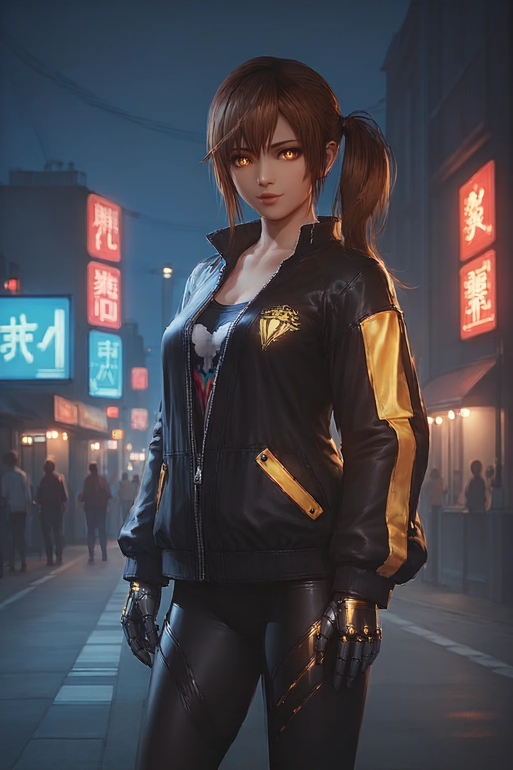 score_9,score_8,score_7_up,realistic,
misaki \(doa\), 1girl, solo,brown_hair, brown_eyes, side_ponytail,outdoors,
intense glowing robotic eyes, rainbow color Chignon hair, wearing an oversized futuristic jacket, wearing a rocker top, wearing goth leggings, glowing accessories
<lora:darkness_xl_v10:0.7000000000000001> <lora:doa_misaki_xl_pdxl_v20:0.8>
