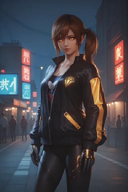 score_9,score_8,score_7_up,realistic,
misaki \(doa\), 1girl, solo,brown_hair, brown_eyes, side_ponytail,outdoors,
intense glowing robotic eyes, rainbow color Chignon hair, wearing an oversized futuristic jacket, wearing a rocker top, wearing goth leggings, glowing accessories
<lora:darkness_xl_v10:0.7000000000000001> <lora:doa_misaki_xl_pdxl_v20:0.8>