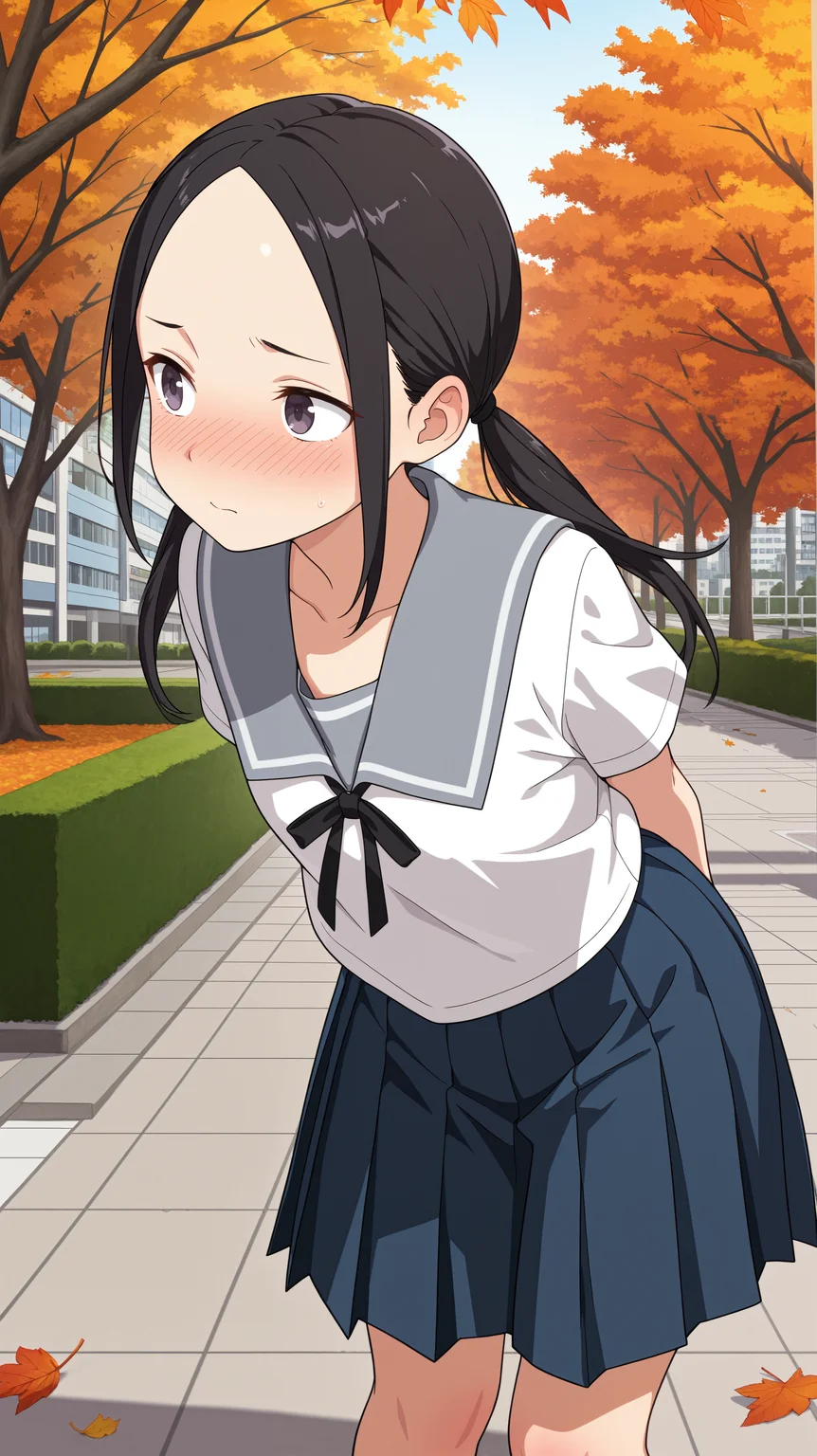 masterpiece, best quality, amazing quality, girl, dynamic pose, arms behind her back, <lora:Manana Nonomura - Illu-000004:0.8>, black hair, dark purple eyes, sidelocks, twintails, parted hair, forehead, school uniform, grey collar, black ribbon, blue skirt, pleated skirt, nose blush, city park, autumn,