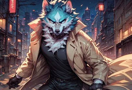 score_9, score_8_up, score_7_up, solo, shirou ogami, bna, furry, collar, gloves, black shirt, pants, trench coat, dark, night, city, detailed background, looking at viewer, Intimidating, <lora:Shirou_Ogami:1>