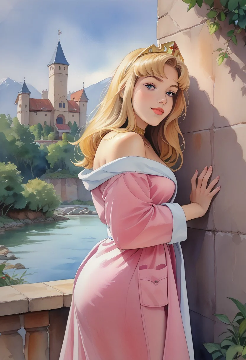 Score_9_up, score_8_up, score_7_up, source_anime, rating_nsfw, 1girl, mature female, short, blonde hair, long hair, center part, cute, plump lips, perfect eyes, perfect face, perfect lips, pubic hair, BREAK (wearing a sexy white bathrobe), (bathrobe hugs her curves), robe open, steamy setting, outdoor bath (East Asian style), comfortable, natural beauty, soft, no edge lines, <lora:Dramatic Lighting Slider:1.8> <lora:Watercolor Painting Style LoRA_Pony XL v6:0.8>watercolor \(medium\), traditional media, realistic, textured paper <lora:Vintage_Erotica:0.8>mag_scan_style, side view, Dutch angle, gold neck ring heart choker, pale shiny skin, blonde hair, purple sky, lake, climbing plant, vegetation, medieval castle, parted bangs, bare shoulders, AuroraXLP, skirt lift, single bare leg, pink dress, princess, gold tiara, gold necklace, <lora:AuroraXLP_character:0.9>