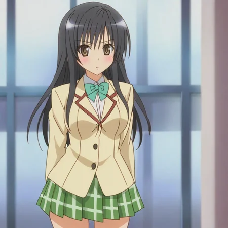 <lora:YuiToLoveRu_pony_v1:.8>  Yui, 1girl, school uniform, long hair, brown eyes, black hair, blazer, jacket, bow, plaid skirt, cowboy shot