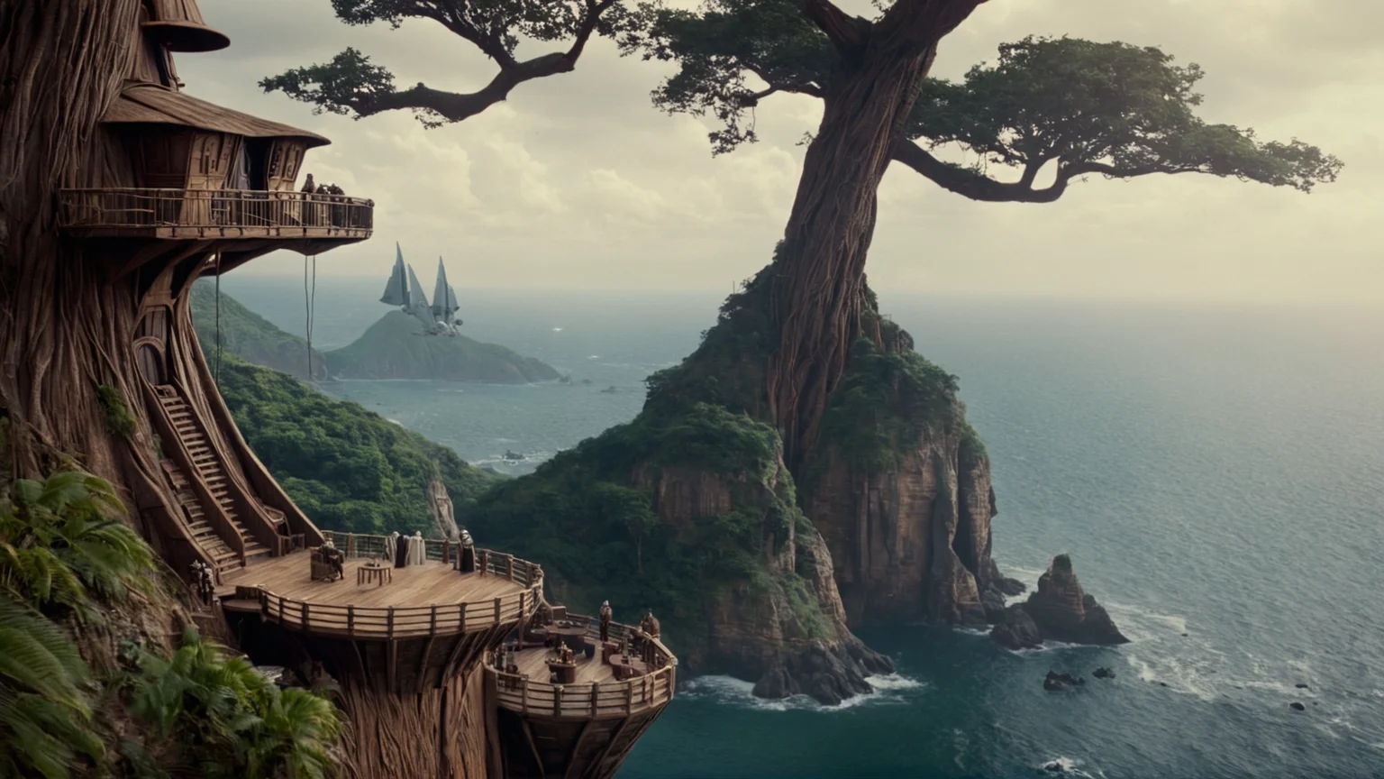 cinematic film still of <lora:star wars style:0.2>
<lora:detailed:0.4> detailed
<lora:perfection style:0.4> perfect
<lora:PerfectEyesXL:0.5>
<lora:Chiaroscuro Lighting Style:0.3>
<lora:Kashyyyk:0.9>
Kashyyyk a tree house on a cliff overlooking a body of water,in star wars style,outdoors,sky,day,water,tree,no humans,chair,table,scenery, shallow depth of field, vignette, highly detailed, high budget, bokeh, cinemascope, moody, epic, gorgeous, film grain, grainy