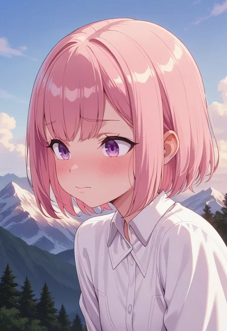 masterpiece,best quality,amazing quality,ashford lululee, pink hair, short hair, purple eyes, 1girl, solo, shirt, white shirt, blush, collared shirt, outdoors, closed mouth, mountain,sky, cloud