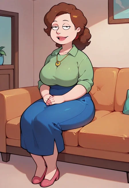 score_9,score_8_up,score_7_up,score_6_up,best quality, 1girl, solo, living room, couch, indoors,
BREAK
unnamed girl, brown hair, black eyes, (mature female:1.5), (plump:1.2), large breasts, gigantic ass, gigantic hips, green sweater, rolled up sleeves, blue skirt, shoes, own hand together, smile, looking at viewer, long skirt, half-closed eyes, necklace,