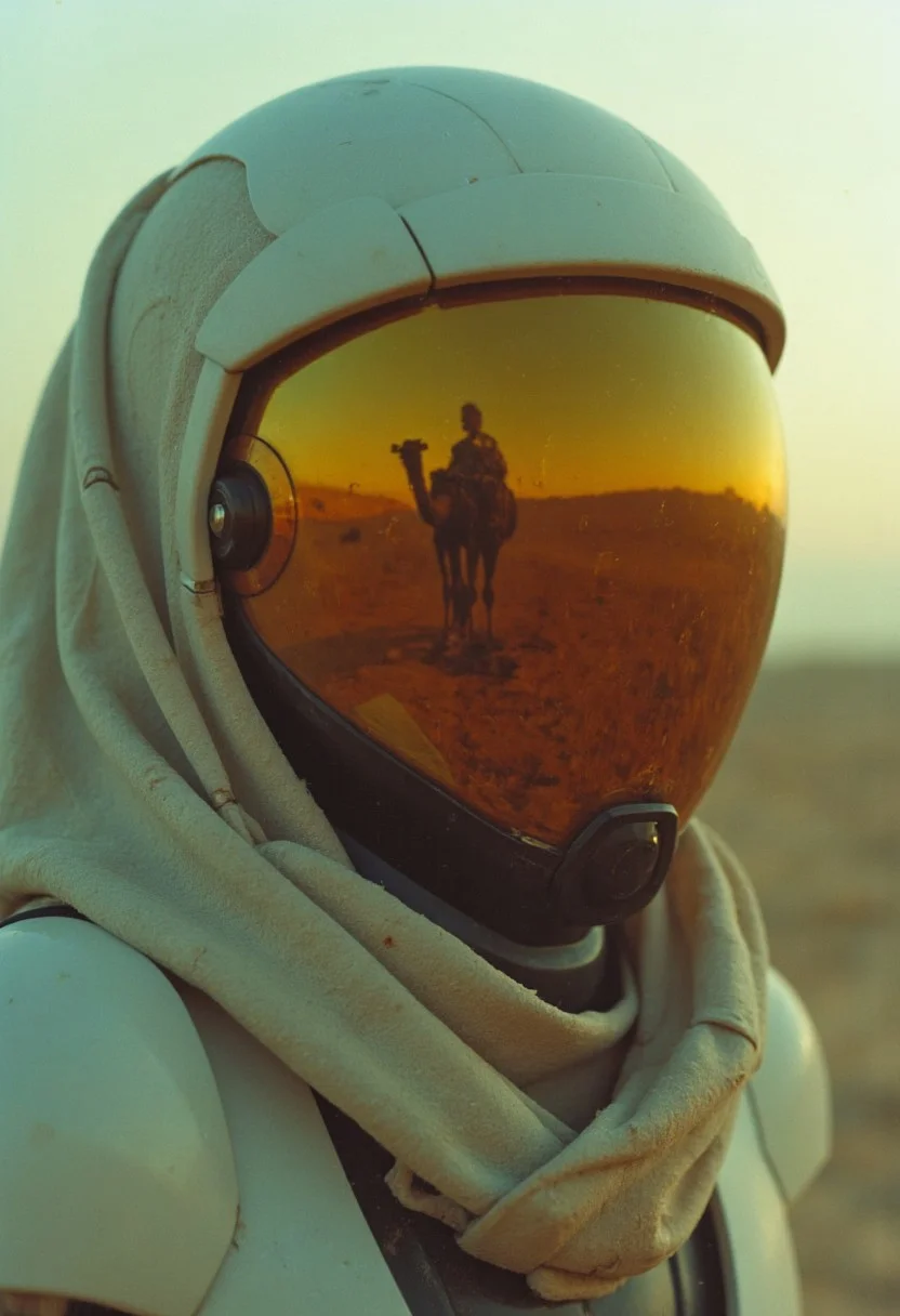 A Vintage Photo Closeup showcasing a futuristic translucent green humanoid robot or android head, which appears to be a high-tech, sleek, and advanced model. The robot's face is a glossy, translucent, egg-shaped helmet with a smooth, reflective orange amber translucent colored surface with some rooty structures within and reflecting a bleaked orange Camel on Dusty windy dunes landscape reflections, devoid of any facial features, giving it an enigmatic and somewhat alien appearance. The helmet is partially covered by a white, slightly worn, and textured fabric hood that drapes over the shoulders, creating a hooded effect. Wielding giant weapon, 
The hood's texture appears to be a blend of Sci-fi and natural wooden materials, with subtle creases and a slightly rough texture visible at the edges. The hood is partially dark blue, creating a stark contrast with the white fabric and the white helmet. Stormy Dusty desert Background, atmospheric golden hour lighting, atmospheric haze