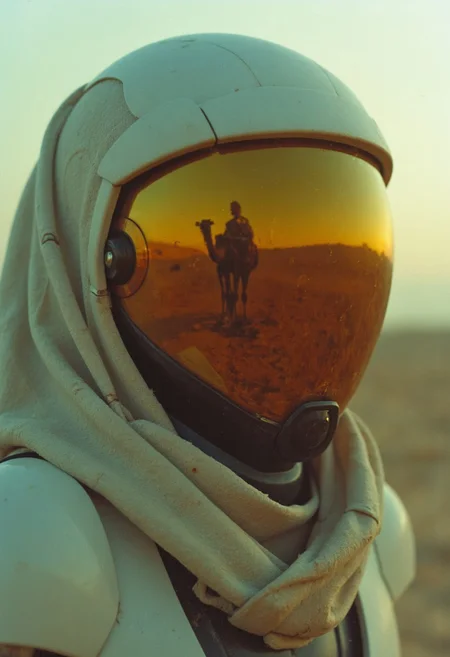 A Vintage Photo Closeup showcasing a futuristic translucent green humanoid robot or android head, which appears to be a high-tech, sleek, and advanced model. The robot's face is a glossy, translucent, egg-shaped helmet with a smooth, reflective orange amber translucent colored surface with some rooty structures within and reflecting a bleaked orange Camel on Dusty windy dunes landscape reflections, devoid of any facial features, giving it an enigmatic and somewhat alien appearance. The helmet is partially covered by a white, slightly worn, and textured fabric hood that drapes over the shoulders, creating a hooded effect. Wielding giant weapon,
The hood's texture appears to be a blend of Sci-fi and natural wooden materials, with subtle creases and a slightly rough texture visible at the edges. The hood is partially dark blue, creating a stark contrast with the white fabric and the white helmet. Stormy Dusty desert Background, atmospheric golden hour lighting, atmospheric haze