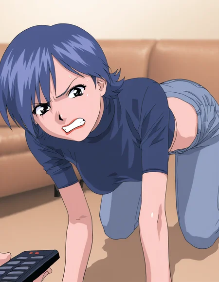 <lora:viper-ctr-illustrious-000028:0.8>
1girl, solo, miki, short hair, blue hair, dark blue shirt, turtleneck, crop top, short sleeves, jeans, all fours, clenched teeth, furrowed brow, remote control, couch, depth of field, masterpiece, best quality