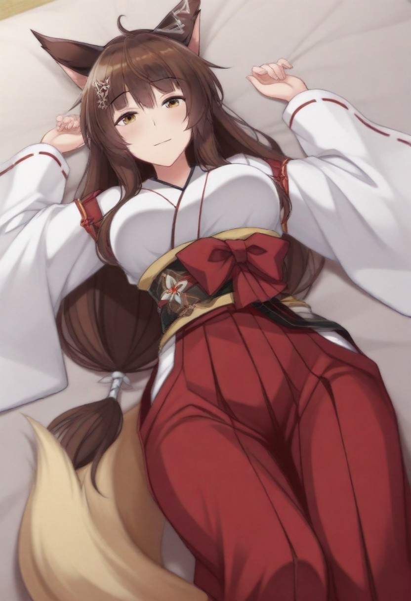 masterpiece, best quality, amazing quality,,, shiny skin,,,,,nijifumi,large breasts,yellow eyes,brown hair,fox girl,fox ears,fox tail,very long hair,low tied hair,hair ornament,nijifumicos,white kimono,wide sleeves,obi,sash,red hakama,hakama skirt,long skirt,