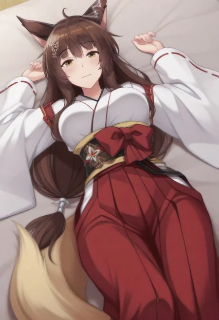 masterpiece, best quality, amazing quality,,, shiny skin,,,,,nijifumi,large breasts,yellow eyes,brown hair,fox girl,fox ears,fox tail,very long hair,low tied hair,hair ornament,nijifumicos,white kimono,wide sleeves,obi,sash,red hakama,hakama skirt,long skirt,