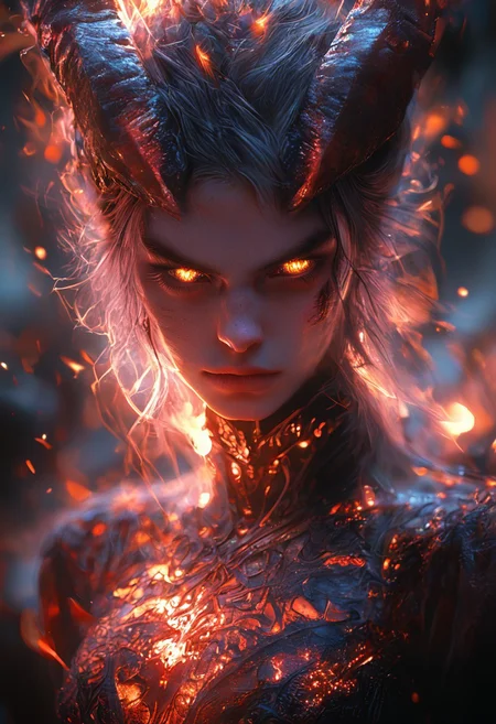 score_9, score_8_up, score_7_up, score_6_up, score_5_up, score_4_up, feral cat, chibi, solo, close up, portrait, female cat demon, horns, glowing eyes, purple fire, red tattoos, ornate woven silver clothing, delicate silver accessories. full body, face focus. Cinematic lighting with orange sparks and embers floating in the background create a fiery scene with high contrast, volumetric rays and bokeh. hkevil, masterpiece, best quality, highly detailed, sharp focus, dynamic lighting:1.2) hkevil, masterpiece, best quality, highly detailed, sharp focus, dynamic lighting