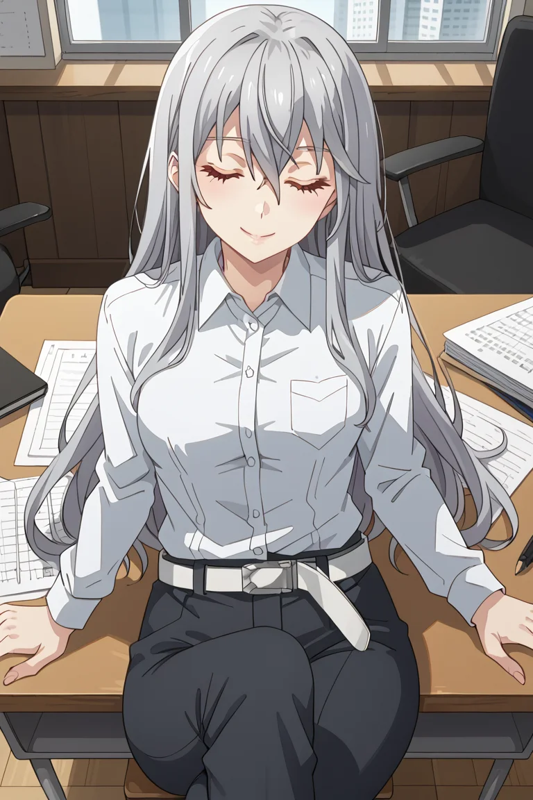 score_7_up, anime screencap, Jeanne E. Anise, long hair, hair between eyes, grey hair, closed eyes, sidelocks, long sleeves, white shirt, collared shirt, pants, belt, dress shirt, pocket, white belt, looking at viewer, smile, lying down over desk, on back, crossed leg, indoors, office, window