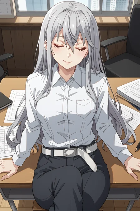 score_7_up, anime screencap, Jeanne E. Anise, long hair, hair between eyes, grey hair, closed eyes, sidelocks, long sleeves, white shirt, collared shirt, pants, belt, dress shirt, pocket, white belt, looking at viewer, smile, lying down over desk, on back, crossed leg, indoors, office, window