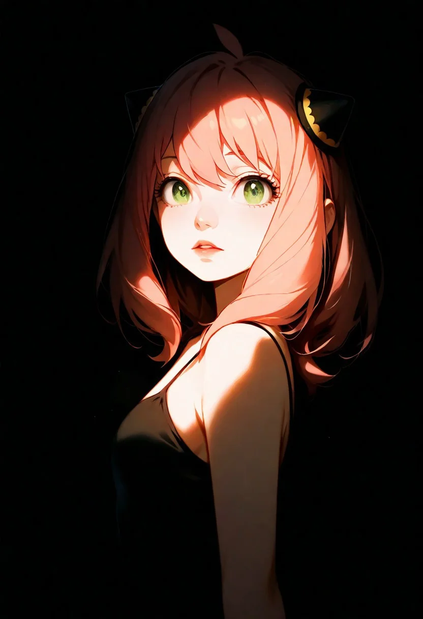1girl,Anya Forger (Spy x Family), lips, thin lips, parted lips, solo, looking at viewer, camisole, upper body, dark, underlightling, masterpiece, best quality, very aesthetic