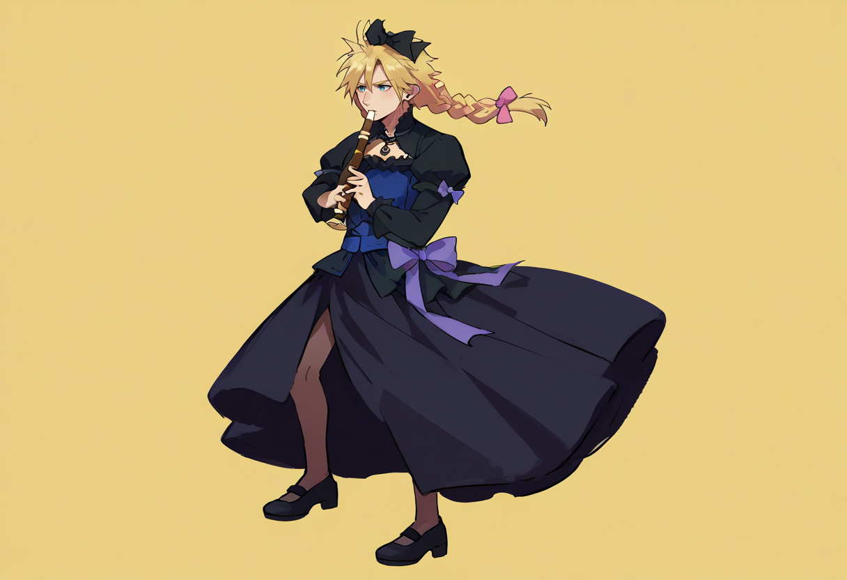 score_9, score_8_up, score_7_up, source_anime, simple background, yellow background, solo, male focus, 1boy, dressCloud, kyoufuuallback, full body, holding flute, crossdressing, blonde hair, twin braids, hair bow, frilled dress, black dress, puffy sleeves, long sleeves, long dress <lora:concept_kyoufuuallback_ponyXL:1> <lora:cloudstrife-pdxl-nvwls-v1:1>