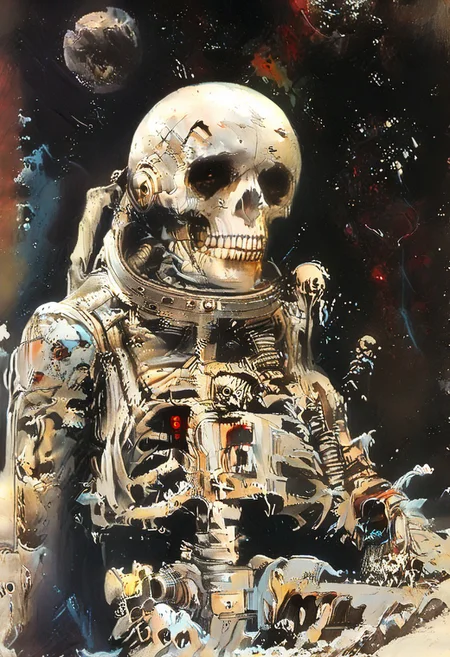 score_9,score_8_up,score_7_up, ((masterpiece,best quality)),absurdres, John Harris Style page, style of Simon Bisley, Simone Martini Style, space_space, dead astronaut, skeleton in a space suit, torn rusty dirty white american space suit, broken space suit helmet,skull in helmet, glass shards, floating through space, space stars galaxy background,