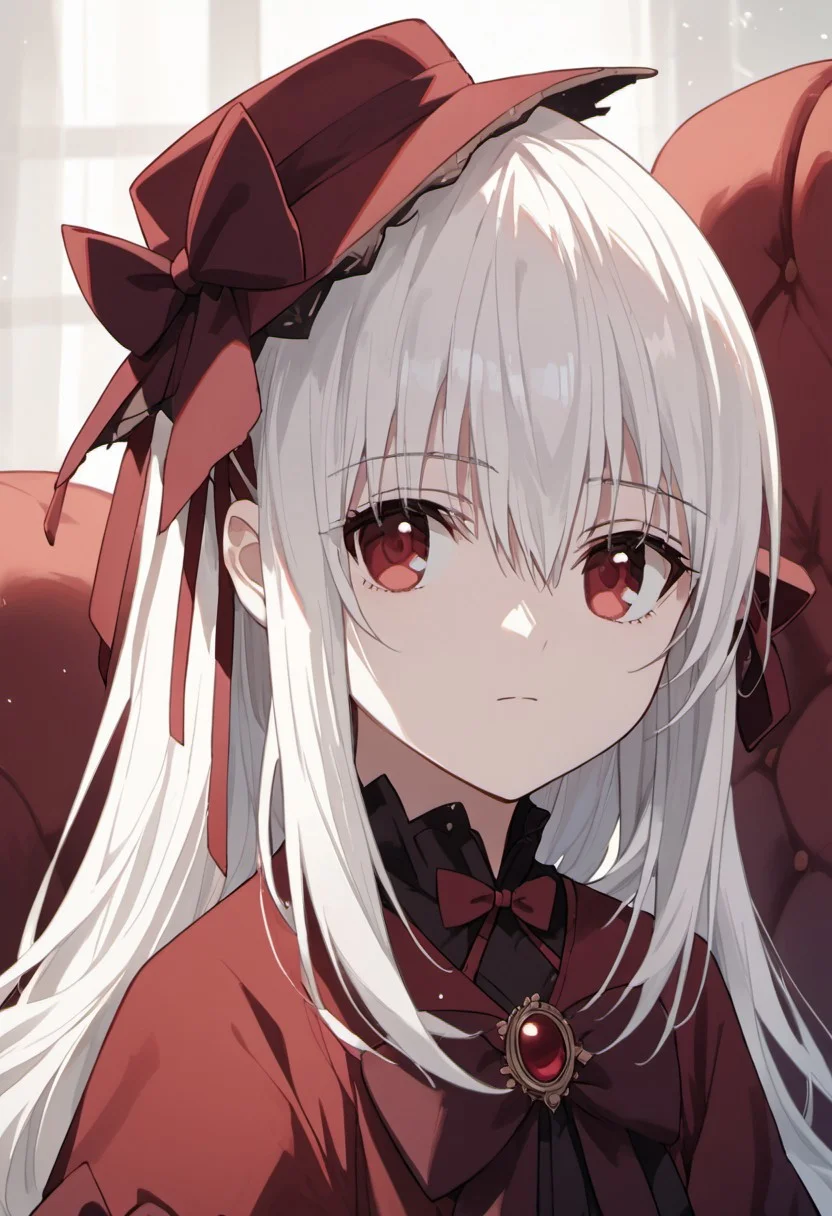 score_9, score_8_up, score_7_up, source_anime,kushina anna, white hair, long hair, red eyes, 1girl, solo, anime coloring, ribbon, hat, looking at viewer, hair between eyes, hair ribbon, bow