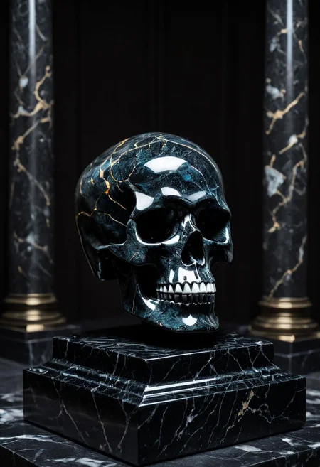 Fujifilm XT3, Sony A7 IV, (award winning photography) a (black: 0.89) marble skull made of opal (Kintsugi: 0.89) set on a pedestal in temple, glistening. in the background beautiful pillars, divine (iridescent: 0.79), opalescent textures, volumetric light, ethereal, sparkling, studio photo, highly detailed, sharp focus (highest quality: 1.39) (highest coherency: 1.39) (award winning photography), highly detailed photography, (muted colors, cinematic, dim colors, soothing tones:1.2), vibrant, insanely detailed, hyperdetailed, (dark shot:1.2), (vsco:0.3), (intricate details:0.9), (hdr, hyperdetailed:1.2) (vignette), sss, raw photo, fijifilm, kodak, cinematic film grain